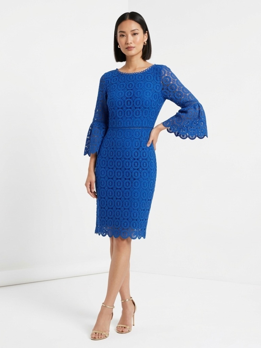 Boden Cobalt Blue Crochet Lace Midi Dress with Scalloped Bell Sleeves Size 8
